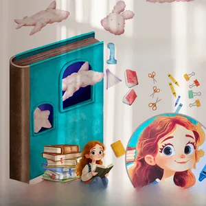 Detail of girl reading books wall decals with clouds and numbers for kids bedroom decor
