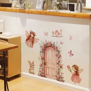 Stickers muraux fée rose avec arche fleurie et papillons pour chambre d'enfant