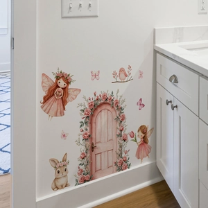 Détails de stickers muraux porte de fée avec fleurs roses et lapins pour chambre enfant