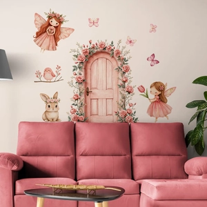 Stickers Muraux Princesse Fée Aquarelle Porte Fleurie Rose Lapin Papillon Décalcomanies Pour Chambre Enfant Fille PVC