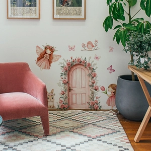 Stickers muraux fée rose avec porte fleurie, lapins et papillons pour chambre d'enfant