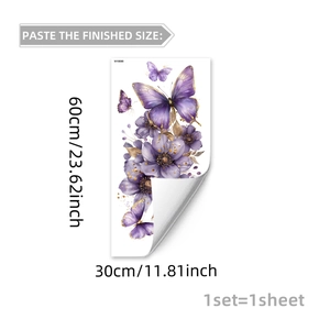 Self-adhesive purple flower and butterfly wall stickers for kids room decor 30x60cm