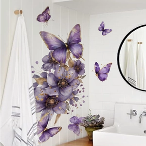 Watercolor purple flowers and butterflies wall decal for bedroom or nursery room decor