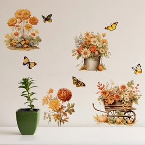Autumn floral wall decals featuring chrysanthemums, pumpkins and butterflies on beige wall