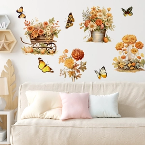 Romantic autumn floral butterfly wall decals with pumpkins and cart for room decoration