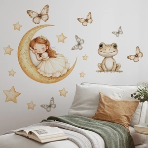 Sticker Mural Aquarelle Fille Sur La Lune Grenouille Papillon Étoile Pour Chambre D'Enfant Bébé Décoration Maison Dessin Animé