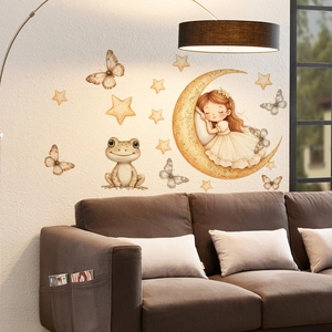 Sticker mural aquarelle petite fille sur la lune avec étoiles et grenouille pour enfant