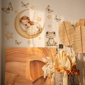 Stickers muraux enfant fille sur la lune et grenouille style aquarelle décoration