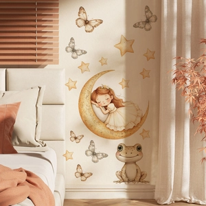 Stickers muraux pour chambre d enfant avec fille sur la lune et grenouilles mignonnes