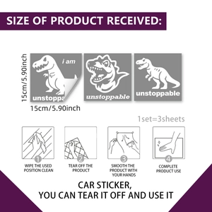 Three pieces set of unstoppable dinosaur car stickers with dimensions 15cm by 15cm