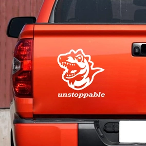 White dinosaur head T-Rex silhouette car sticker with unstoppable text on a truck