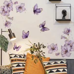 Purple flower and butterfly wall stickers for children bedroom and living room decor