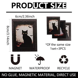 Set of 3 vintage Halloween magnetic fridge stickers with black cat and pumpkin designs