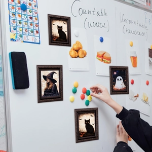 Retro Halloween frame magnets set featuring witch, ghost and black cat for decoration