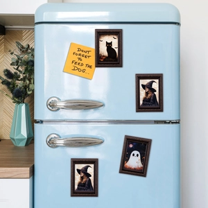 4-pack Halloween vintage frame fridge magnets featuring black cat, witch, and ghost