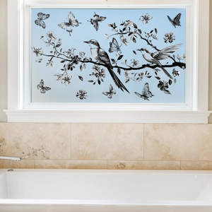 Artistic black and white branch with birds and butterflies static window cling sticker
