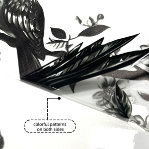 Detail view of acrylic window sticker with colorful bird and flower patterns on both sides