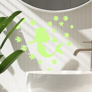 Luminous cartoon mermaid and stars wall stickers for kids room decor in glow green