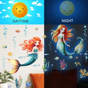 Glow In The Dark Wandaufkleber Meerjungfrau Unterwasserwelt Leuchtende PVC Aufkleber Für Kinderzimmer Bad Deko Wasserdicht
