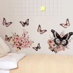 Pink floral clusters and realistic butterflies wall sticker for children bedroom decoration