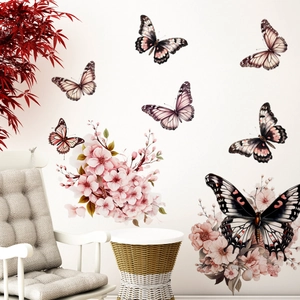 Pink cherry blossom and butterfly wall decals for nursery living room decoration