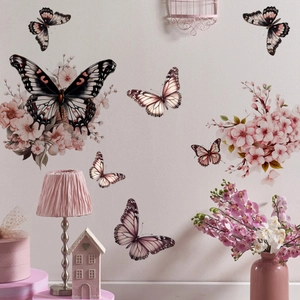 Romantic floral wall stickers with butterflies for living room home decor setup
