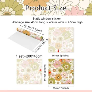 Floral static window sticker with retro daisy pattern in pink and green, 200x45cm roll