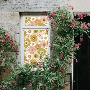 Retro floral window film applied to a stone wall window surrounded by pink roses