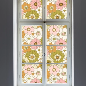 Floral frosted window film with vintage pink and yellow blooms for privacy and glass decoration
