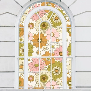 Retro Floral Window Film Static Cling Privacy Glass Sticker Decorative Non Adhesive PVC Flower Pattern Sunflowers Daisies