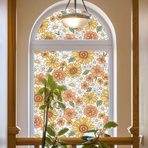 Retro floral static window film with sunflowers and daisies for glass decoration