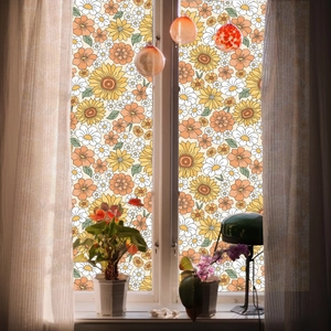 Retro sunflower floral privacy window film with daisy patterns for home decoration
