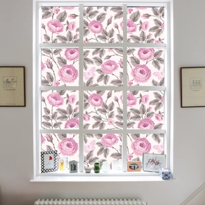 Floral privacy window film with pink roses and purple butterflies on wood window frames
