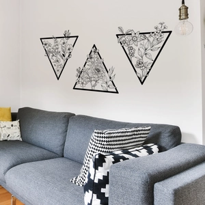 Three-piece black geometric floral wall decals in minimalist Nordic style for living room