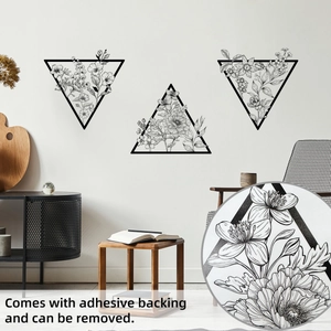 Detail of self-adhesive black and white floral triangle wall stickers in minimalist style