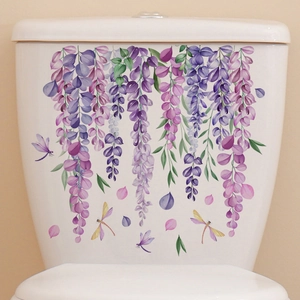Stickers muraux glycine violette et libelles pour décoration de réservoir de toilette