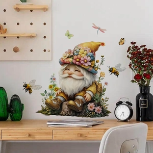 Colorful garden gnome wall decal with flowers and butterflies in a cozy room decor