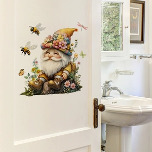 Detailed garden gnome wall sticker with bees and flowers on a white wooden bathroom door
