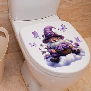 Self-adhesive floral gnome toilet lid sticker with purple butterfly and rose decorations