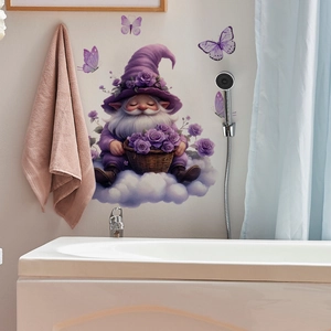 Detail of creative gnome and purple butterfly wall stickers in a cozy bathroom scene
