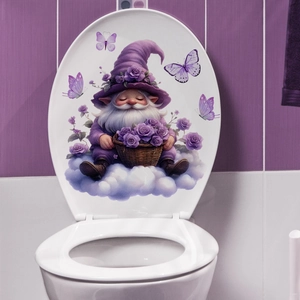 Detail of cartoon gnome and purple rose sticker applied on a white toilet lid