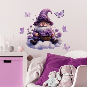 Detail of whimsical gnome wall sticker with purple roses and butterflies for kids room