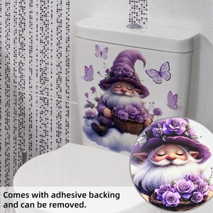 Macro detail of gnome with purple roses and butterflies on self-adhesive toilet sticker