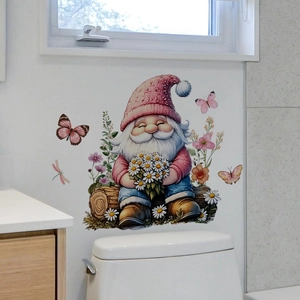 Garden gnome wall sticker with flowers and butterflies for bathroom toilet decor