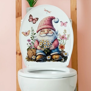 Cartoon gnome with daisy and butterflies self-adhesive wall sticker for toilet decoration