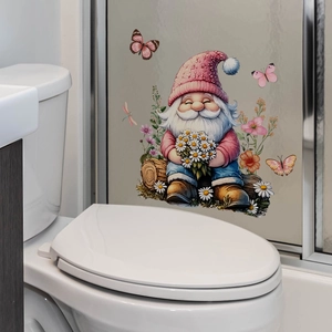 Waterproof gnome and daisy sticker applied to a glass shower door in a bathroom setting