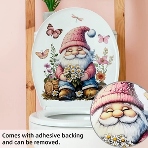 Detailed view of gnome flower toilet sticker with adhesive backing and floral patterns