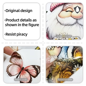 Detailed view of waterproof transparent gnome and pink butterfly stickers with double-sided print