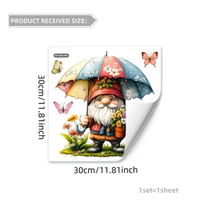 Garden gnome and flower butterfly wall sticker for bathroom decor, 30x30cm size