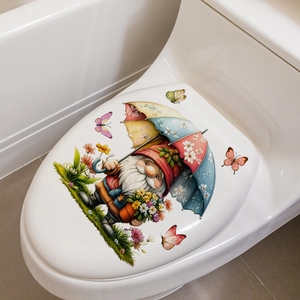 Creative gnome and flower garden self-adhesive toilet lid sticker for bathroom decor